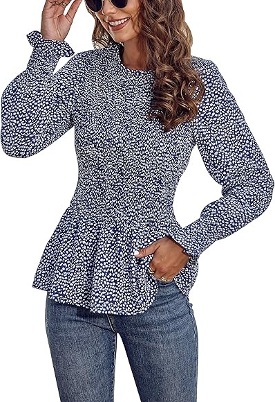 PRETTYGARDEN Women's Tops Casual Long Sleeve Crewneck Floral Print Smocked Ruffle Hem Slim Babydoll Blouse Shirt Tunics | Amazon (US)