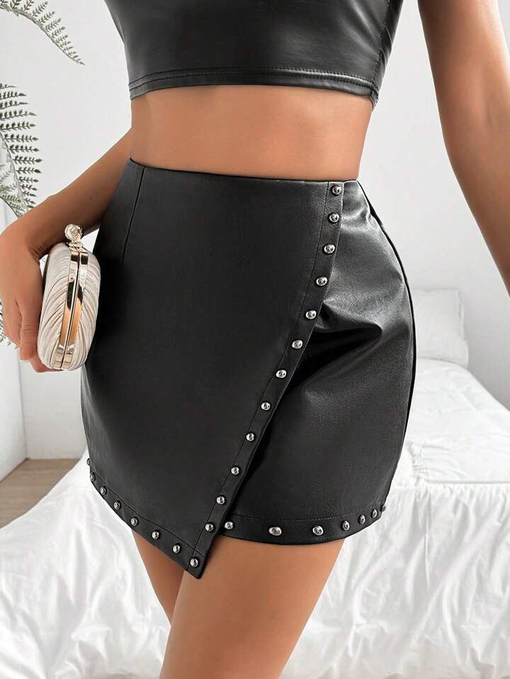 SHEIN Privé Women's High Waist Wrapped Pu Leather Skirt | SHEIN