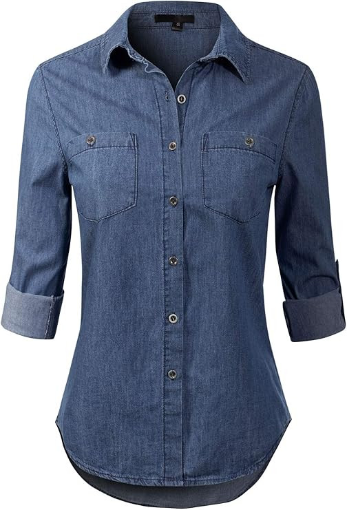 Design by Olivia Women's Basic Classic Roll up Sleeve Button Down Chambray Denim Shirt (S-3XL) Da... | Amazon (US)