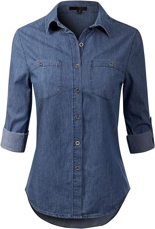 Design by Olivia Women's Basic Classic Roll up Sleeve Button Down Chambray Denim Shirt (S-3XL) Da... | Amazon (US)