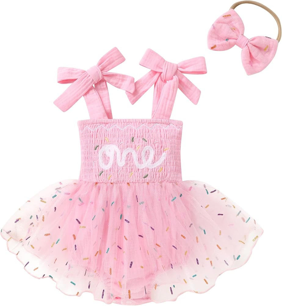 Happy Town Baby Girl 1st Birthday Outfit Sleeveless One Year Old Romper Dress with Headband Cute ... | Amazon (US)
