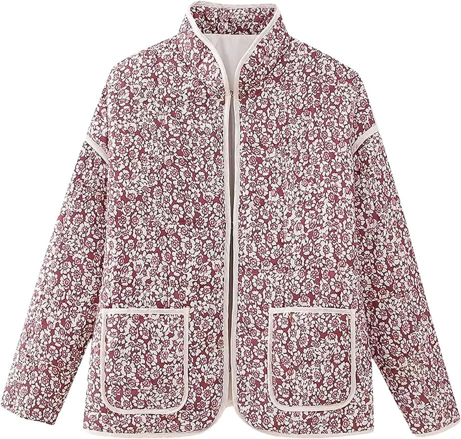 Women's Quilted Puffer Jacket Floral Printed Lightweight Cropped Open Front Cardigans Coats | Amazon (US)