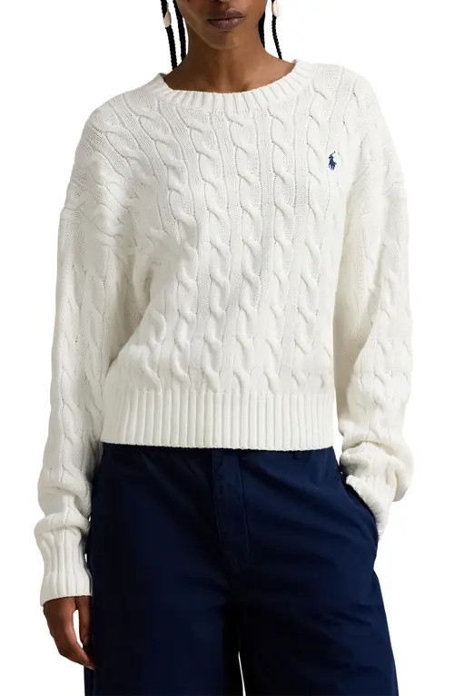 Polo Ralph Lauren Cable Knit Crewneck Sweater in White at Nordstrom, Size Xx-Large | Nordstrom