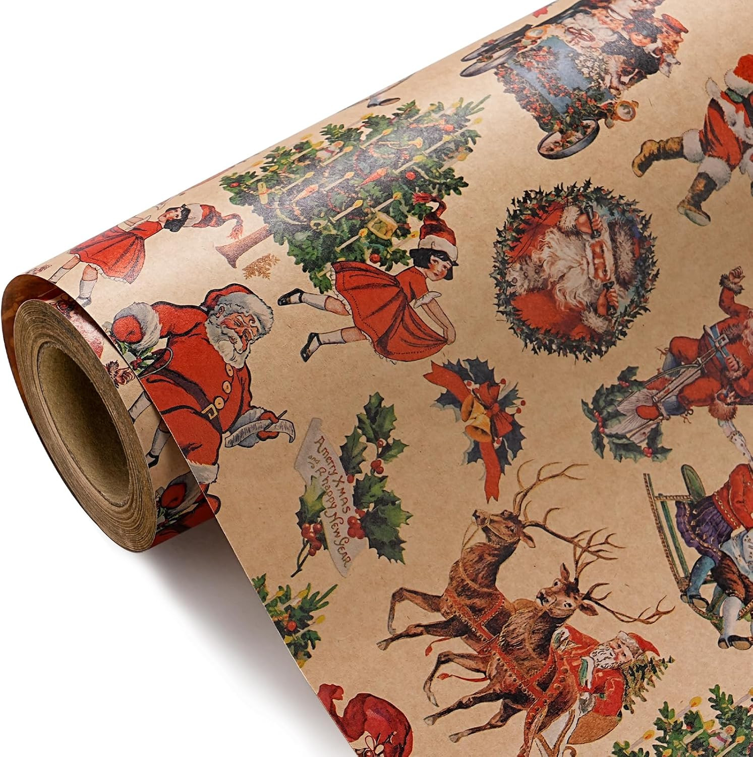 WRAPAHOLIC Kraft Vintage Christmas Wrapping Paper - Mini Roll - 17 Inch x 16.5 Feet - Santa, Tree and Festive Scene Retro Christmas Wrapping Paper for Holiday, Party Celebration | Amazon (US)