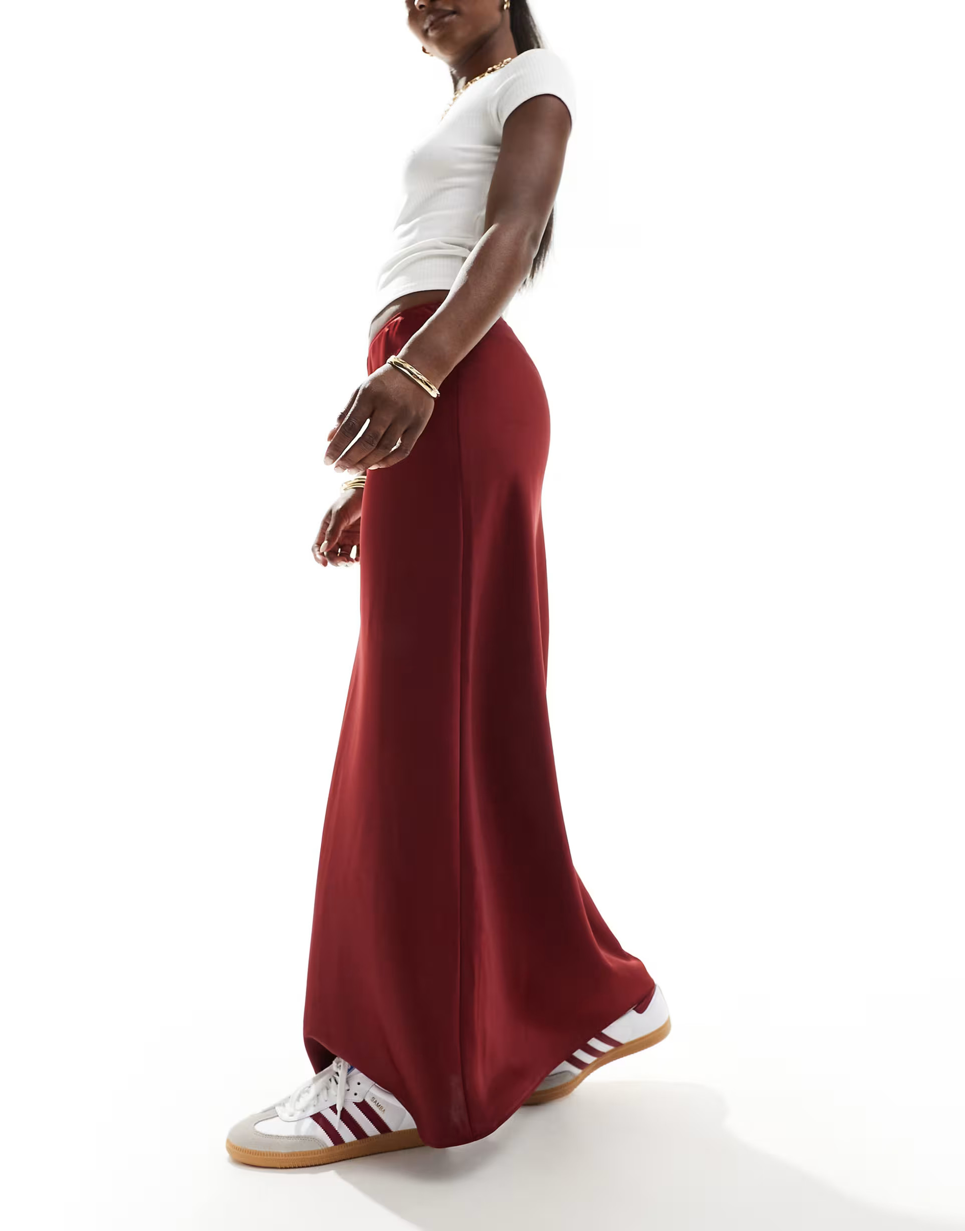 ASOS DESIGN satin bias cut maxi skirt in burgundy | ASOS (Global)