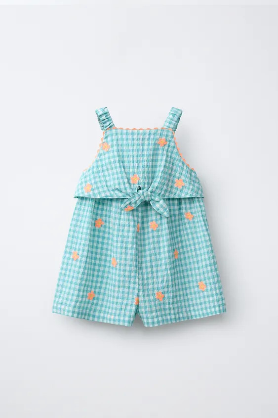 SHORT GINGHAM JUMPSUIT WITH EMBROIDERED FLOWERS | Zara US