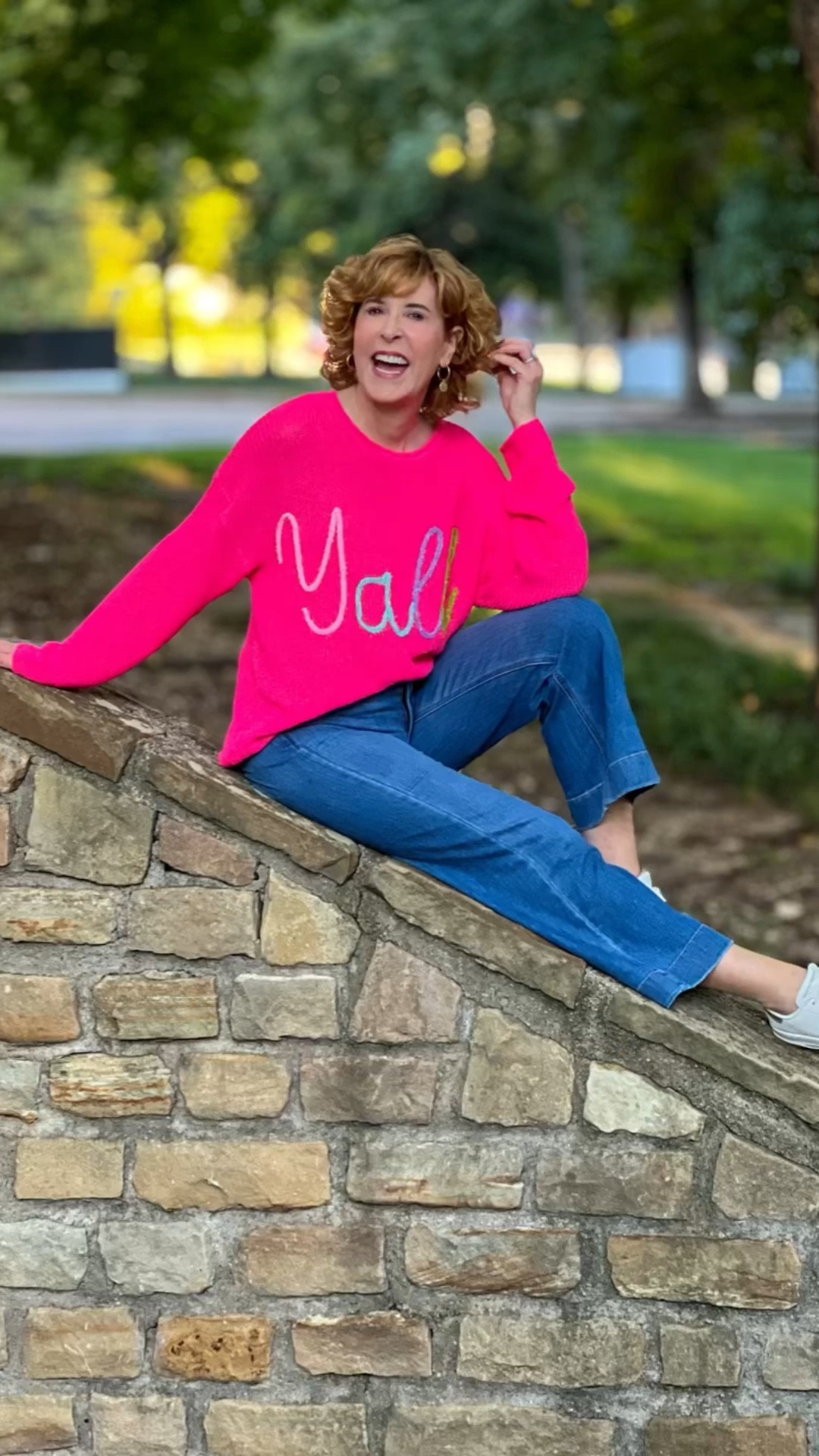 I love the relaxed fit of this oversized sweater! It’s made of a loose knit and the word “y’all” is knitted into the fabric with sparkly yarn.

I pairs it with a pair of wide leg ankle jeans, sneakers, and personalized gold hoop earrings.

#LTKFindsUnder50 #LTKSaleAlert #LTKVideo