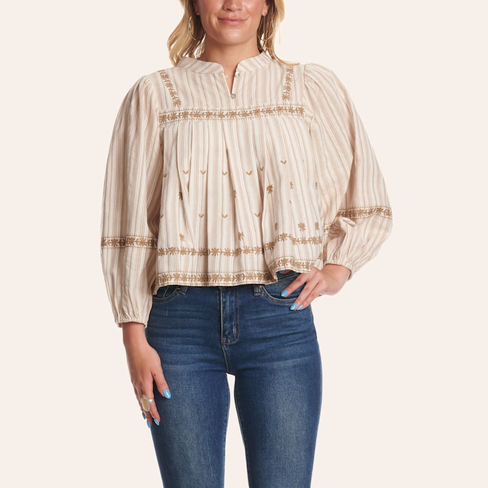 Endless Blu Ivory & Beige Embroidered Long Sleeve Top | Cavender's