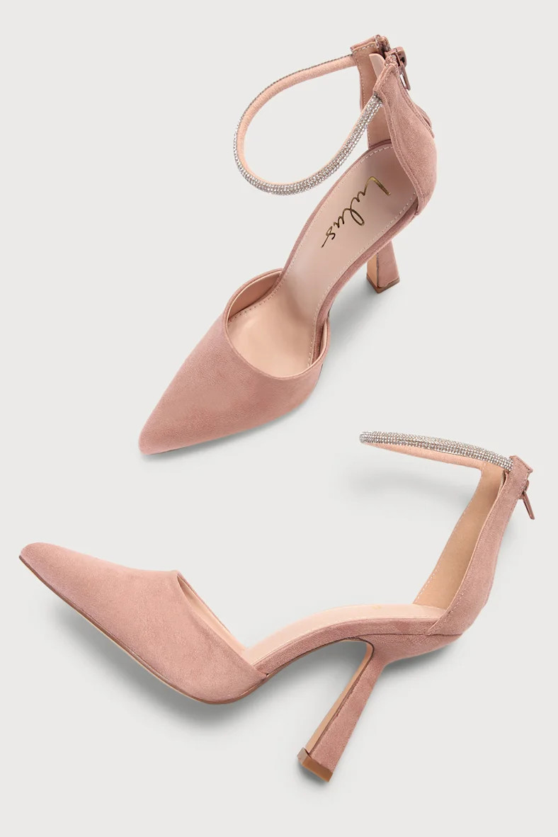 Dona Mauve Suede Rhinestone Pointed-Toe Ankle Strap Pumps | Lulus