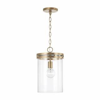 HOMEPLACE LIGHTING Fuller 9.25 in. W x 15 in. H 1-Light Pendant Chandelier in Aged Brass with Cle... | The Home Depot