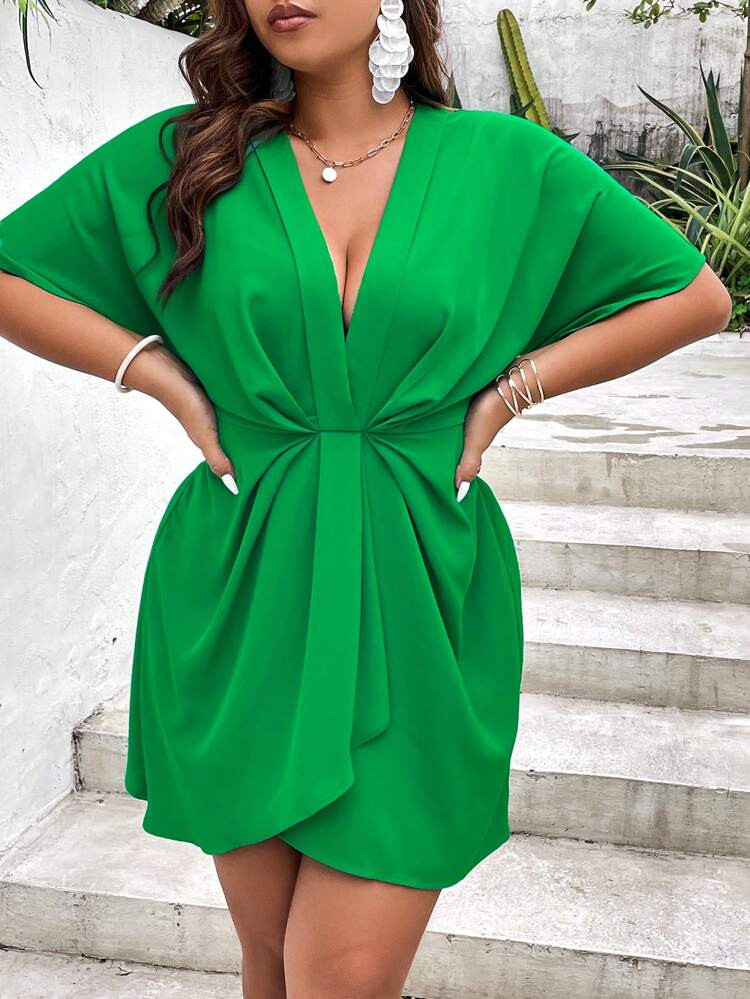 SHEIN VCAY Plus Plunging Neck Batwing Sleeve Ruched Front Dress | SHEIN