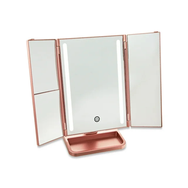 Trifold LED Lighted Makeup Mirror, Rose Gold | Walmart (US)
