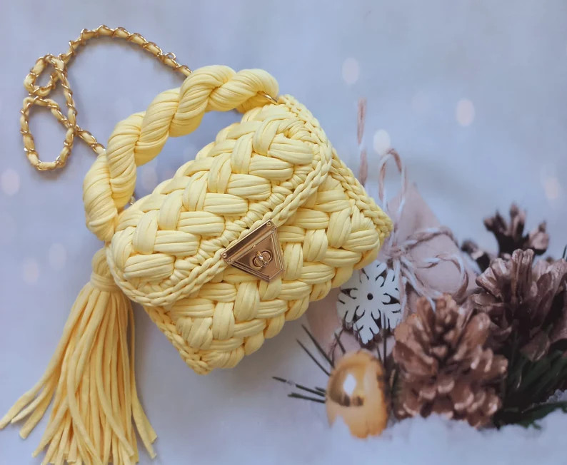 Crochet Bag, Luxury Knit Shoulder Bag, Gold Chain Handbag,capri Bag, Hand Woven Crossbody Bag, Co... | Etsy (US)