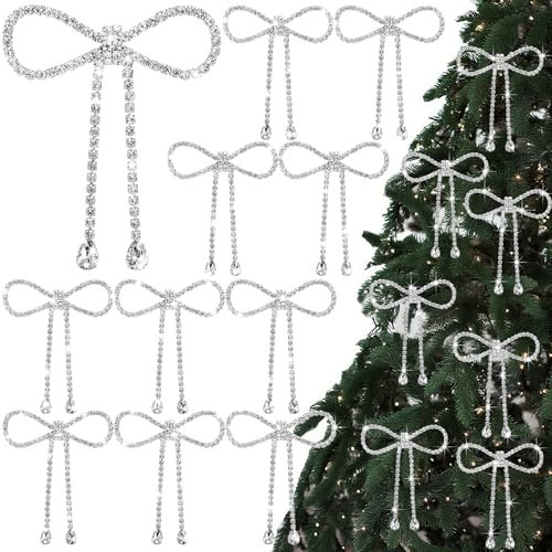 Highergo 12 Pcs Rhinestone Christmas Bows Ornaments Metal Glitter Bow Hanging Ornaments for Christmas Tree Wreath Garland Fireplace Home Decorations(Silver) | Amazon (US)