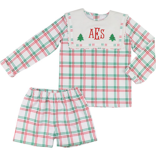 Plaid Embroidered Christmas Tree Short Set | Cecil and Lou