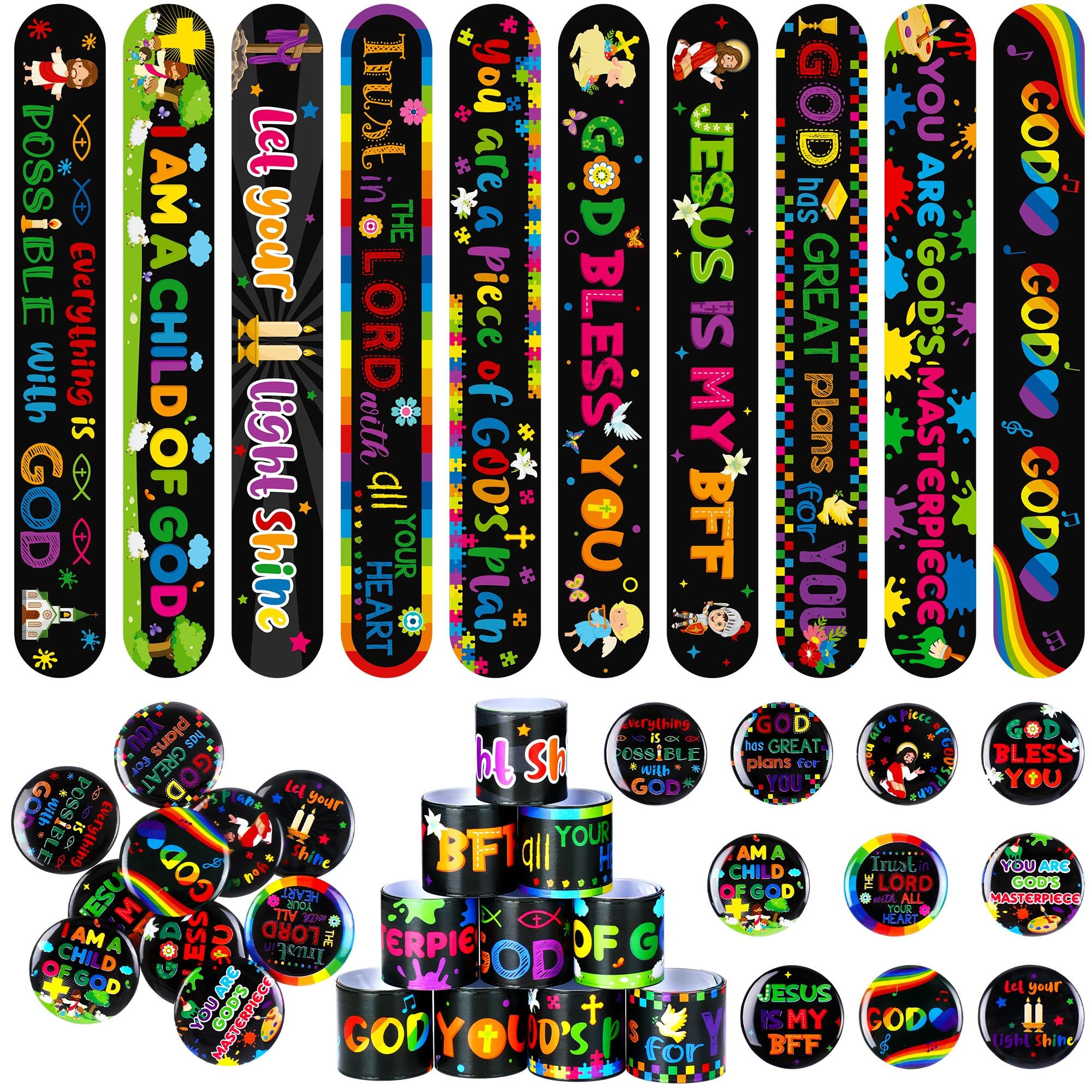 Frienda 60 Pcs Religious Gifts Christian Slap Bracelets with Badges Christian Gifts for Kids Jesu... | Amazon (US)