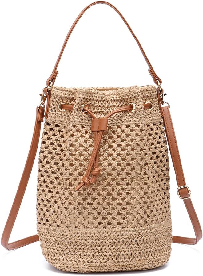 SUKUTU Straw Drawstring Shoulder Bag Women Summer Woven Beach Vacation Handbag Crossbody Bag | Amazon (US)