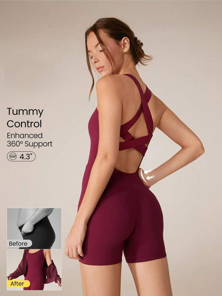 GLOWMODE 4.3" FeatherFit™-Air Insta-Cinch Tummy Control Underarm Coverage Butt Scrunch Multi-Strap Romper Bodysuit Jumpsuit Low Impact Yoga Daily Removable Cups Spring Fall | SHEIN