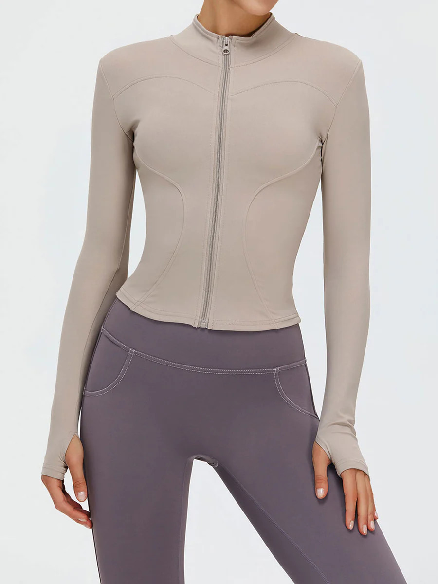 Khaki Stand-Up Collar Sports Jacket& Reviews - Purple,Black,Off White,Khaki - Sustainable Yoga To... | BERLOOK