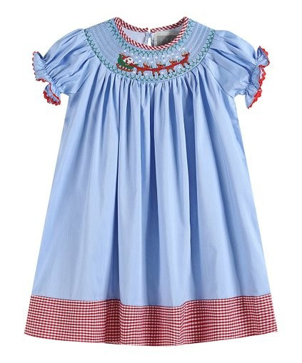 Light Blue Santa &amp; Sleigh Smocked Bishop Dress - Infant &amp; Girls | Zulily