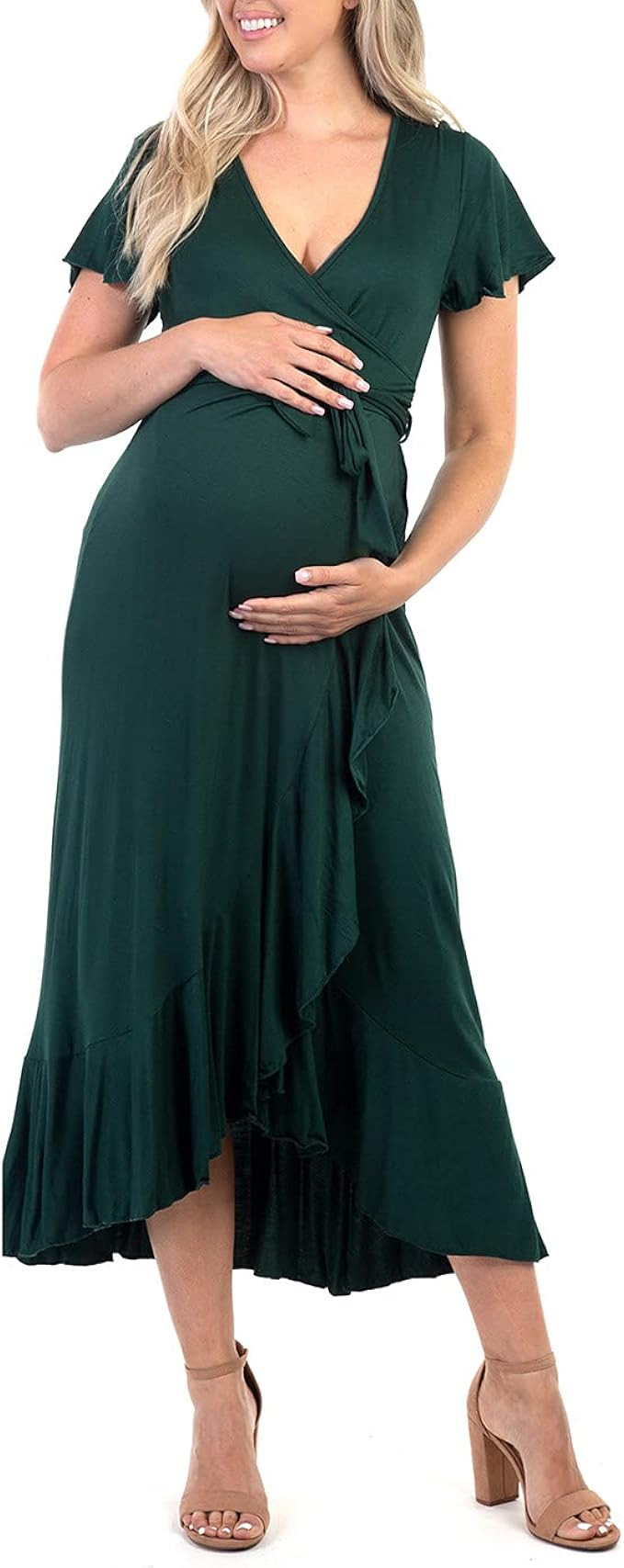 Women's Maternity Faux Wrap Butterfly Sleeve Dress with Ruffles | Amazon (US)