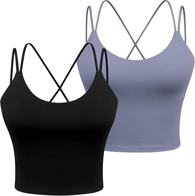 2 Pack Longline Sports Bra for Women - Strappy Wirefree Removable Pads Yoga Camisole Crop Top | Amazon (US)