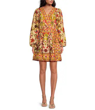 Woven Floral Print Surplice V-Neck Long Bubble Sleeve A-Line Wrap Above the Knee Dress | Dillard's