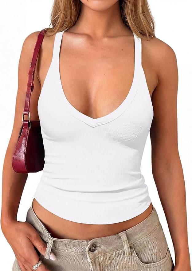 Darong Women's V Neck Tank Tops with Built-in Bra Racerback Basic Summer Camisole Ribbed Slim Fit... | Amazon (US)