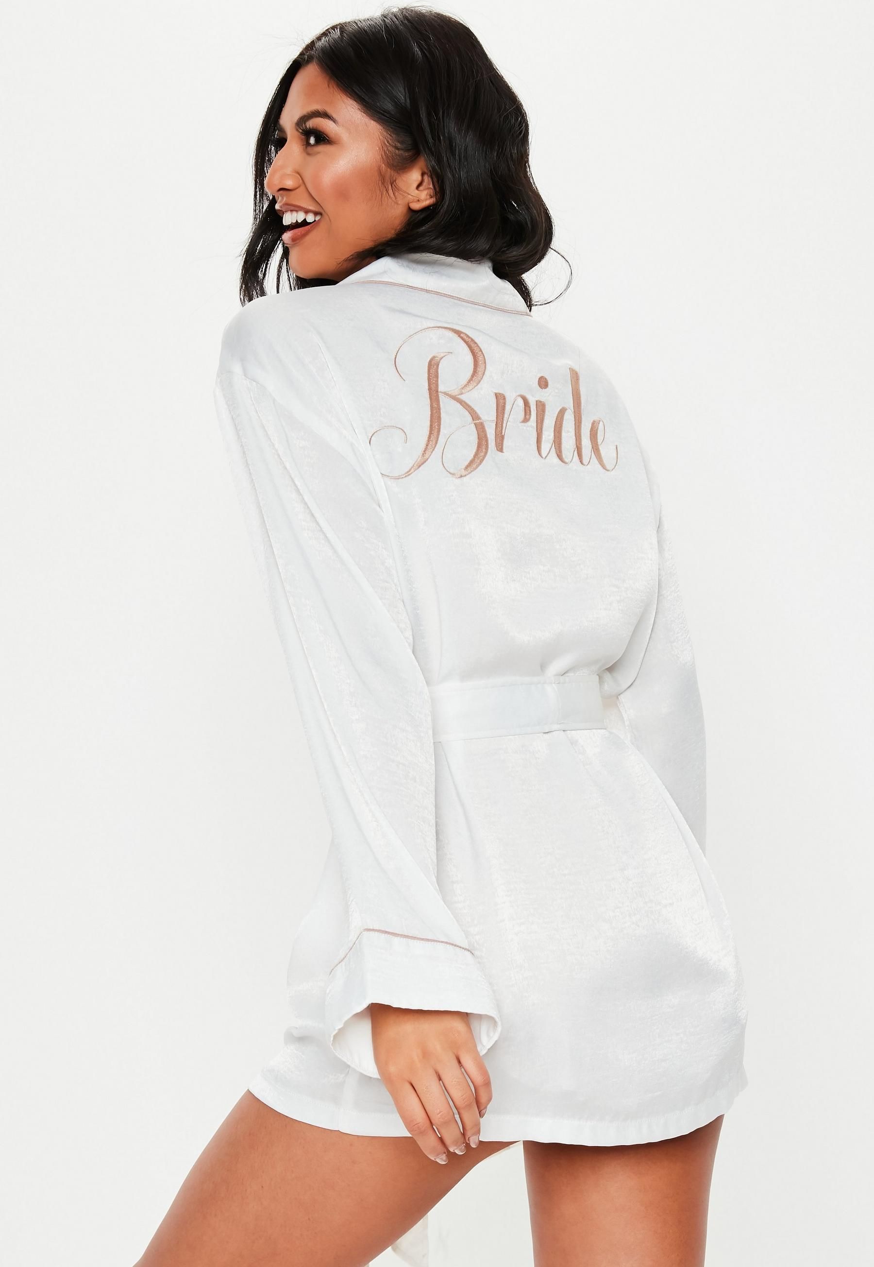 Missguided - White Satin Embroidery Bride Dressing Gown | Missguided (US & CA)