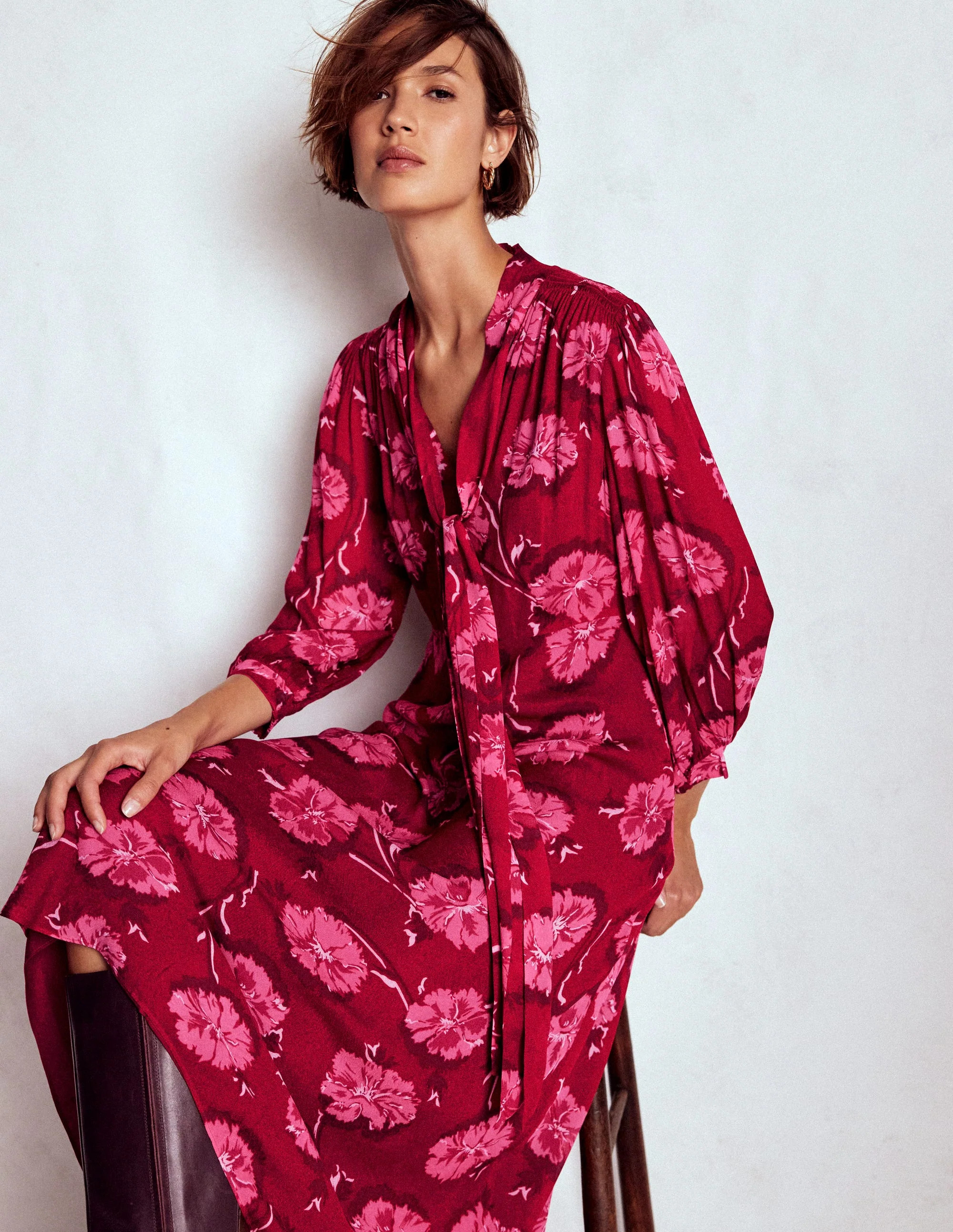 Brooke Tie Neck Tea Dress-Cranberry Red, Delicate Vine | Boden (US)