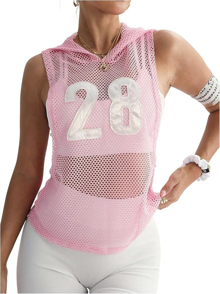 SweatyRocks Women's Sleeveless Mesh Athletic Hoodie Sports Running Workout Tank Tops | Amazon (US)