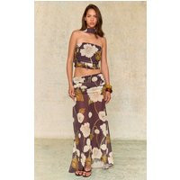 Dark Chocolate Floral Printed Chiffon Ruched Maxi Skirt | PrettyLittleThing US