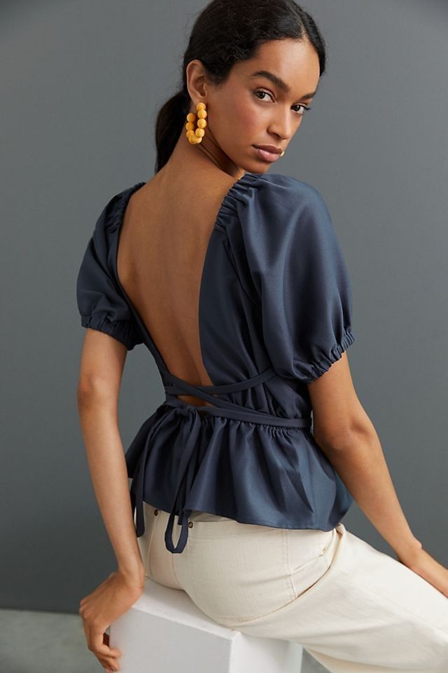 Open-Back Peplum Blouse, Navy Top, Fall Top, Fall Tops, Puff Sleeve Top, Puff Sleeve Tops | Anthropologie (US)