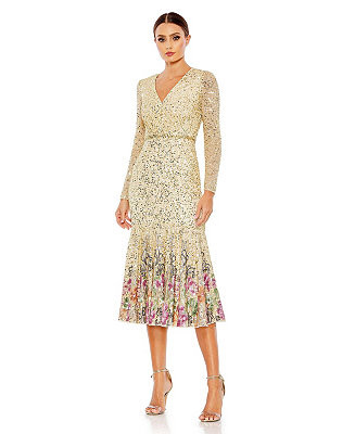 Mac Duggal Women's Long Sleeve Faux Wrap Embellished Tea Length Dress - Macy's | Macy's