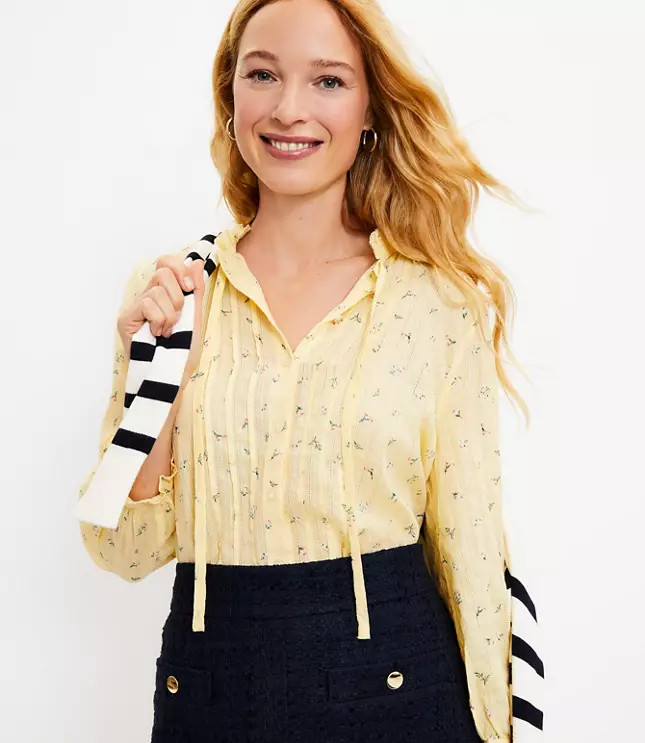 Floral Pintucked Tie Neck Blouse | LOFT