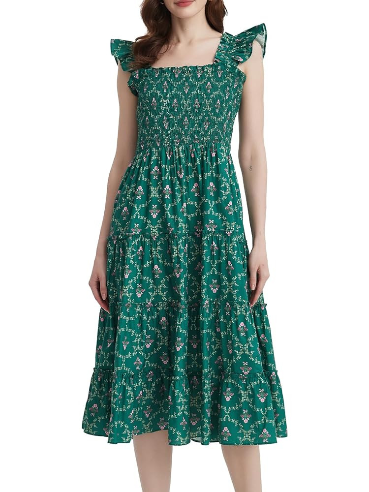 LifeShe Women Summer Floral Midi Flowy Dress Square Neck Smocked Flutter Sleeve Tiered Beach Boho... | Amazon (US)