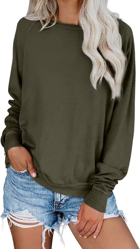 Yanekop Womens Solid Loose Crewneck Sweatshirt Casual Long Sleeve Pullover Tops Shirt | Amazon (US)