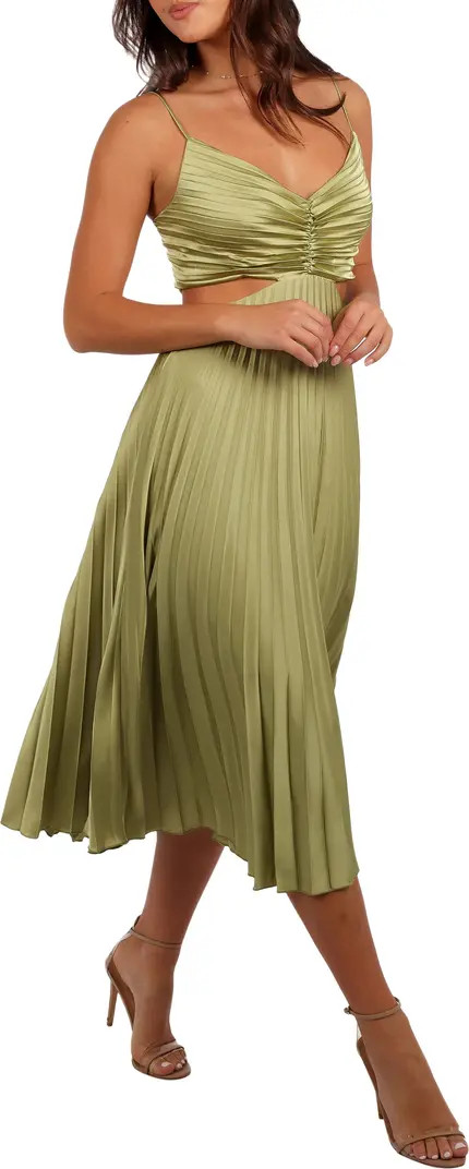 Niamh Pleated Cutout Satin Midi Dress | Nordstrom