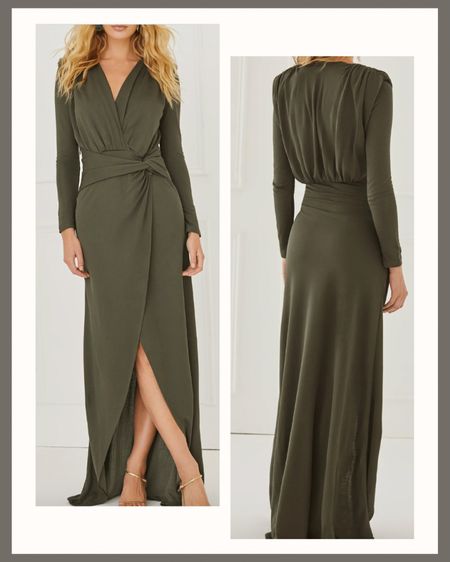 Wedding guest dress or party dress. High slit front wrap dress in a chic army green color, style with beige, cream, black or metallic shoes and accessories. 

#LTKstyletip #LTKFind #LTKwedding