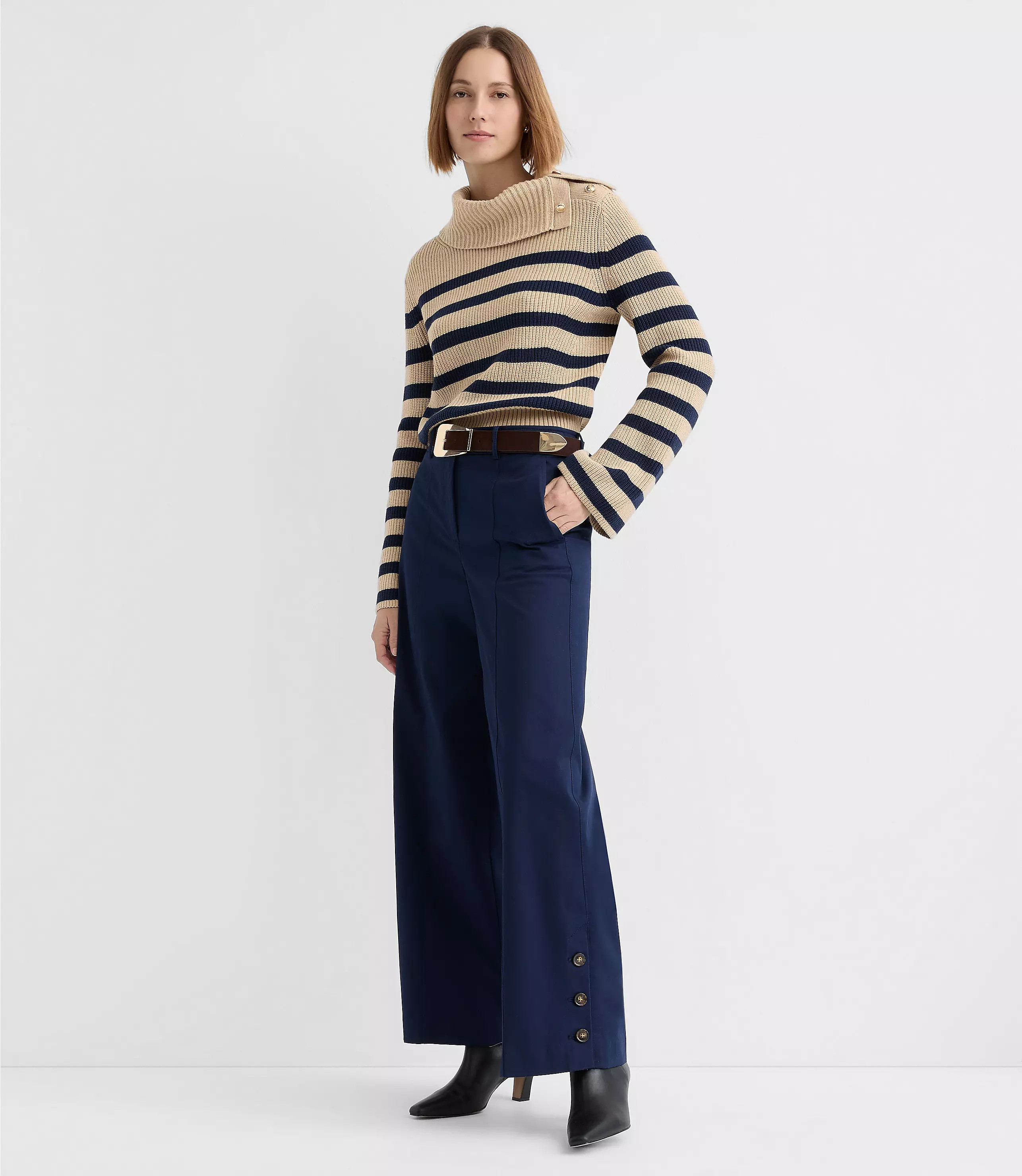 Side Button Wide Leg Pants in Twill | LOFT