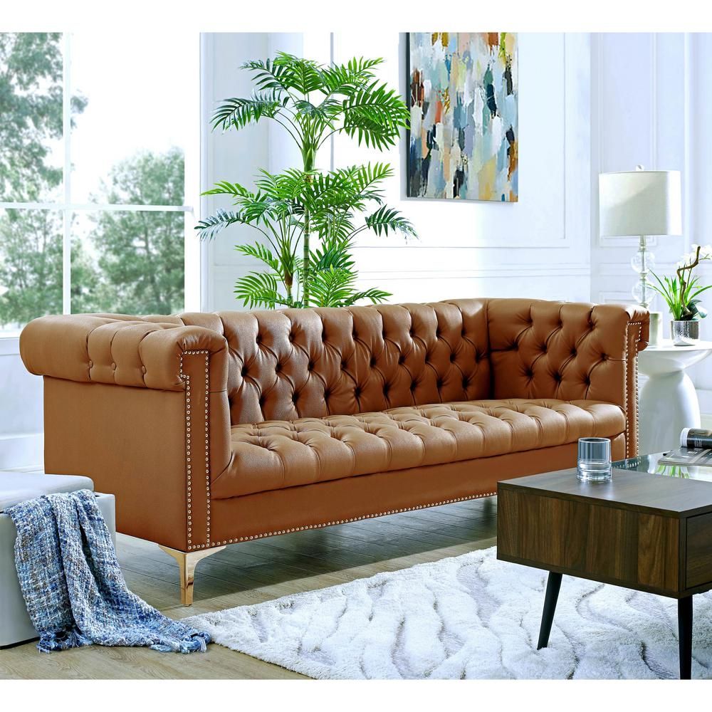 Inspired Home Ramona Camel Brown/Gold PU Leather Sofa with Button Tufted | The Home Depot