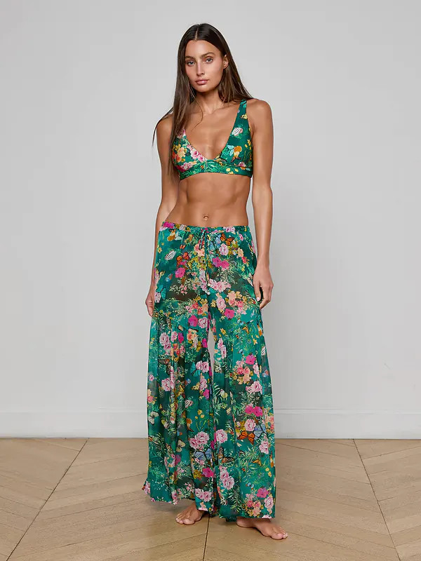 Sharon Cover-Up Pant in Bottle Green Multi Charonda Butterfly | L'AGENCE | L'Agence