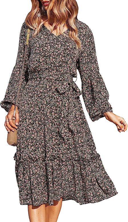 BROVAVE Womens Casual Long Sleeve Disty Floral Front Tie Ruffle Hem Flowy Midi Dress | Amazon (US)