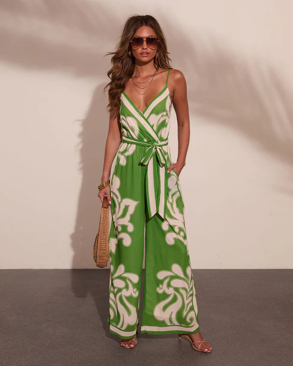 Travel Muse Tropical Print Waist Tie Jumpsuit | VICI