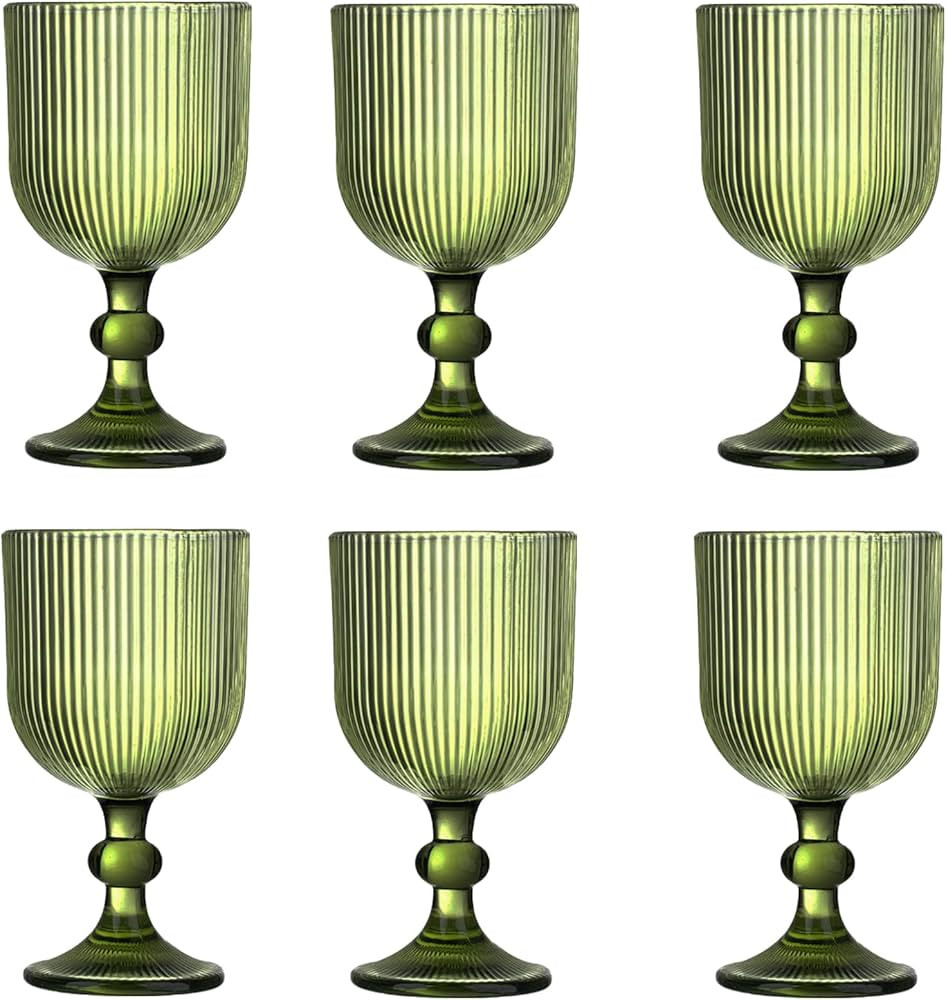 Green Vintage Wine Glasses Set of 6, 11 Ounces Colored Glass Water Goblets, Unique Embossed Patte... | Amazon (US)