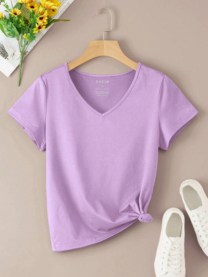 SHEIN Essnce Solid V Neck Tee | SHEIN USA | SHEIN