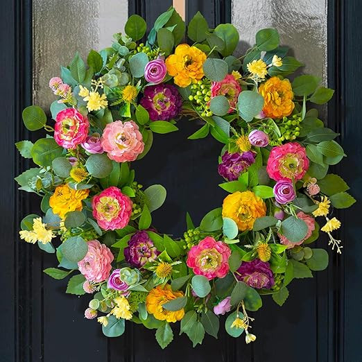 Spring Wreaths for Front Door 24 Inch Outdoor Spring Wreath with Peony Rose Ranunculus & Eucalypt... | Amazon (US)