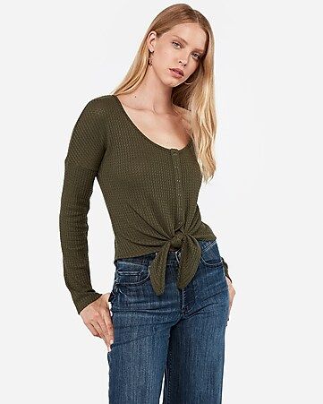 soft waffle knit snap tie front top | Express