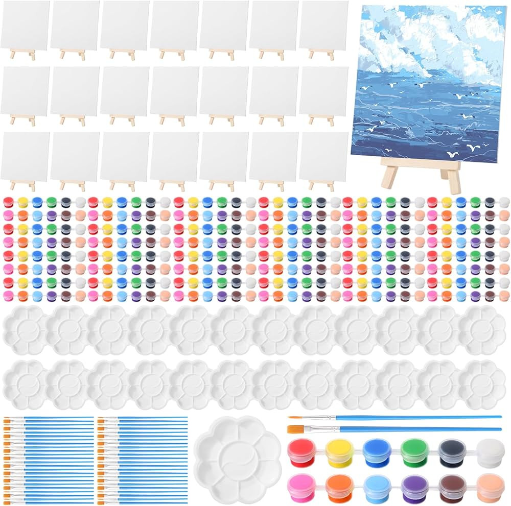 Qilery 24 Set 6 x 6 Inch Canvas Boards and Easel for Painting, Acrylic Paint Strips, Palettes, Br... | Amazon (US)