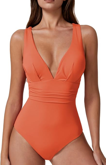 QINSEN Womens Sexy V Neck One Piece Bathing Suit Cross Back Swimsuit High Waist Monokini | Amazon (US)